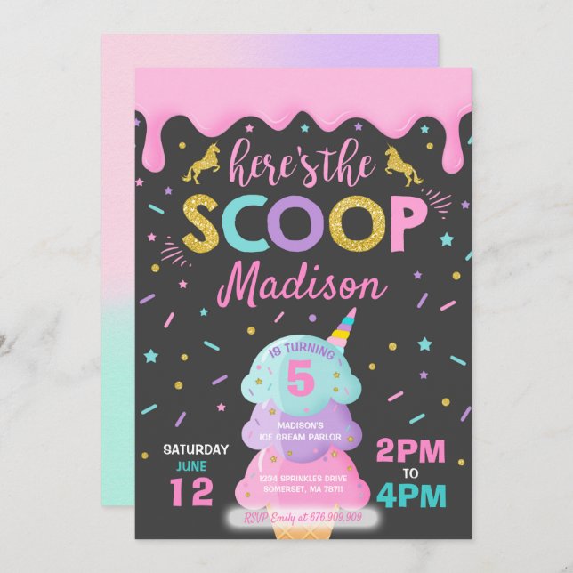 Invitation à la crème glacée Unicorn Ice Cream Par (Devant / Derrière)