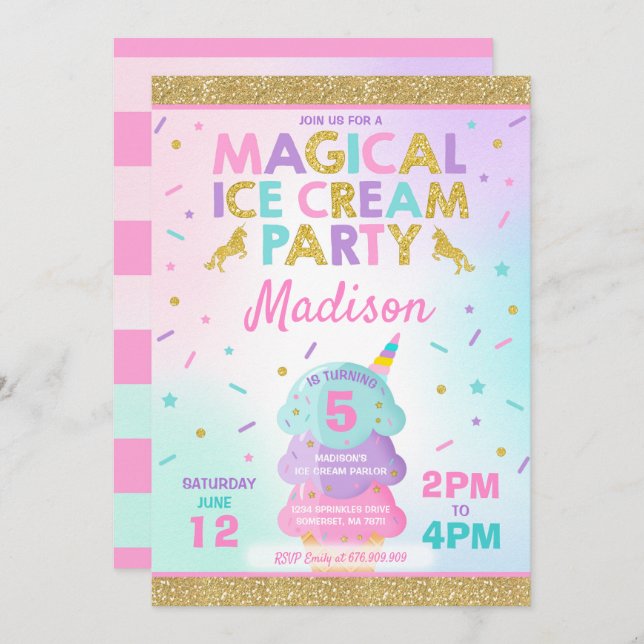 Invitation à la crème glacée Unicorn Ice Cream Par (Devant / Derrière)