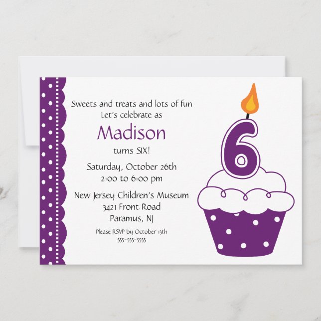 Invitation à la Cupcake pour le 6e anniversaire (Devant)