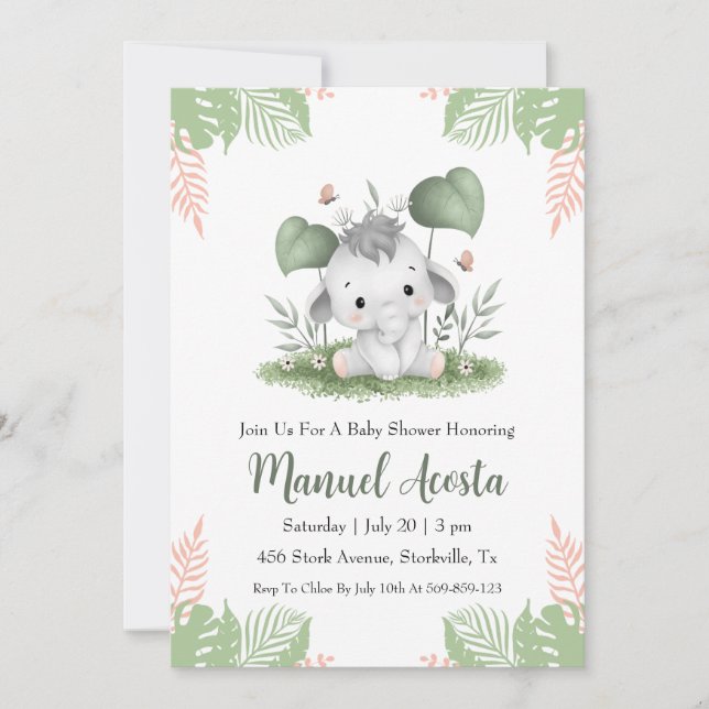 invitation à la douche bébé à l'éléphant de la jun (Devant)