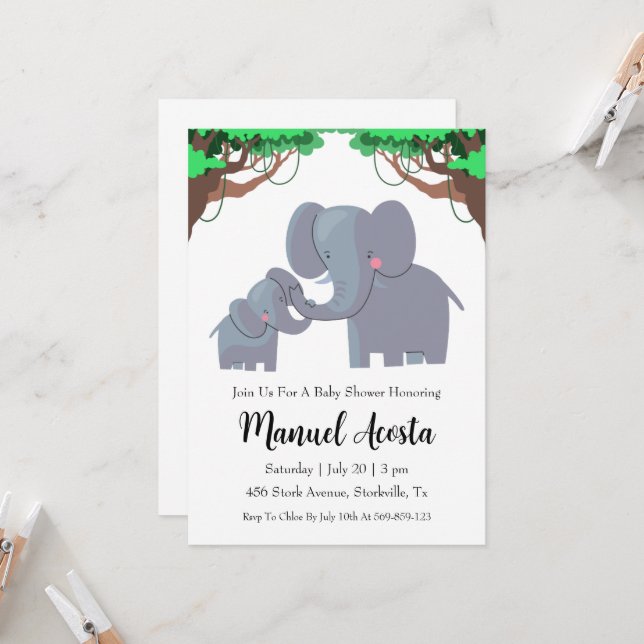 invitation à la douche bébé à l'éléphant de la jun (Devant/Arrière en situation)
