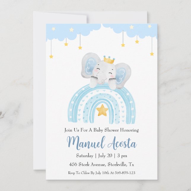 invitation à la douche bébé d'éléphant bleu modern (Devant)