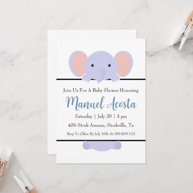 invitation à la douche bébé d'éléphant bleu modern (Devant/Arrière en situation)