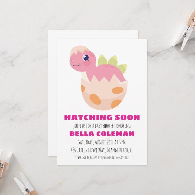invitation à la douche bébé dinosaure rose (Devant/Arrière en situation)