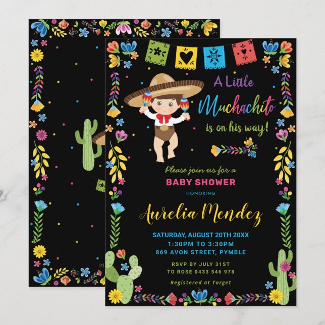Invitation à la douche Fiesta Muchachito Baby Mexi (Devant / Derrière)