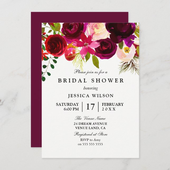 Invitation à la douche nuptiale à fleurs roses de  (Devant / Derrière)