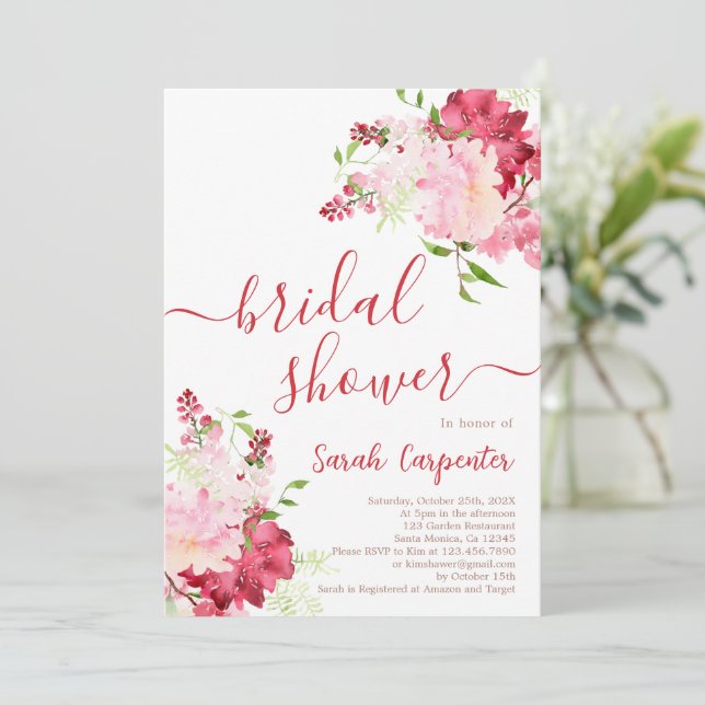 Invitation à la douche nuptiale à fleurs rouge et  (Debout devant)
