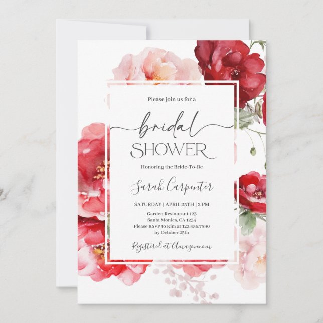 Invitation à la douche nuptiale à fleurs rouges et (Devant)