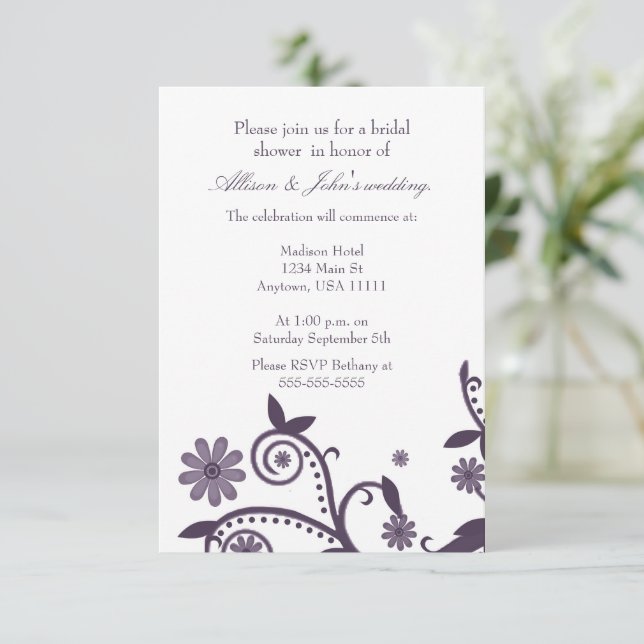 Invitation à la douche nuptiale Améthyste Floral (Debout devant)