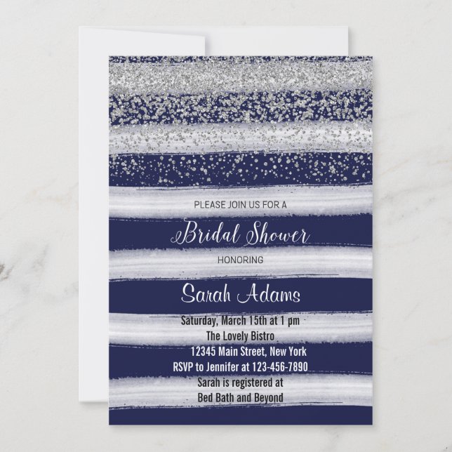 Invitation à la douche nuptiale Argent et Marine (Devant)