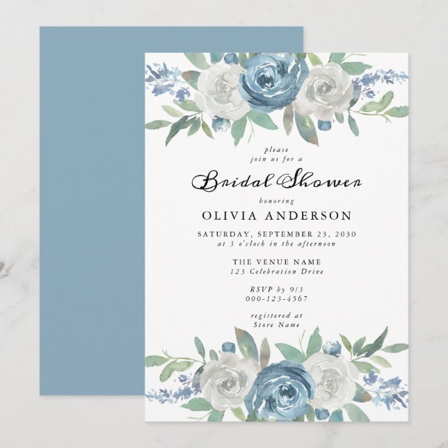 Invitation à la douche nuptiale bleu et blanc (Devant / Derrière)