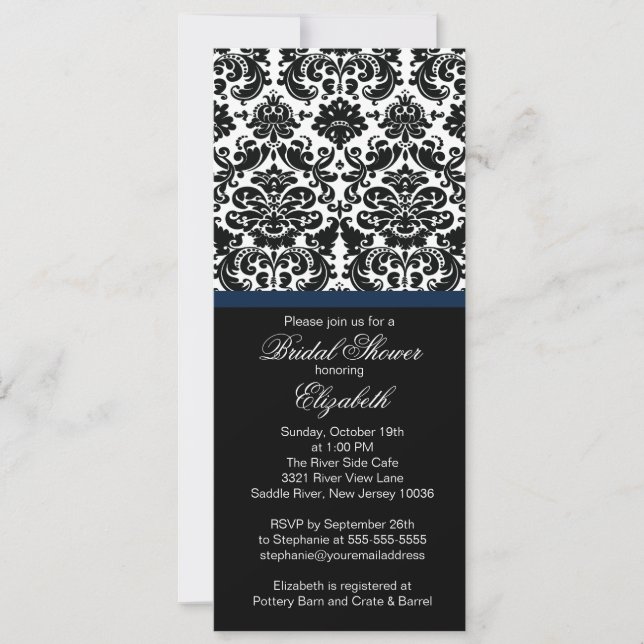 Invitation à la douche nuptiale Bleue Damask Midni (Devant)