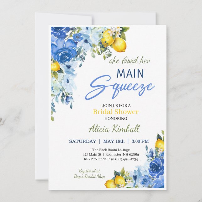 Invitation à la douche nuptiale Blue Floral Lemons (Devant)