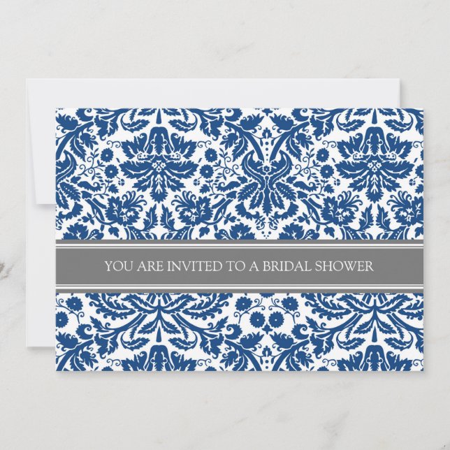 Invitation à la douche nuptiale Blue Grey Damask (Devant)