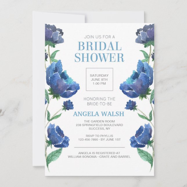 Invitation à la douche nuptiale Blue Poppies (Devant)