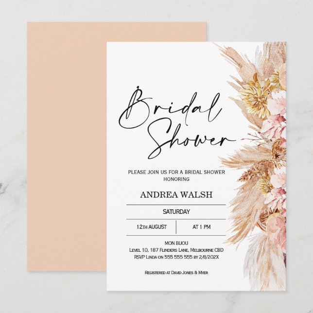Invitation à la douche nuptiale Blush Boho Pampas (Devant / Derrière)
