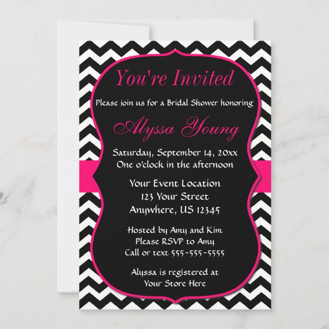 Invitation à la douche nuptiale Chevron rose et no (Devant)