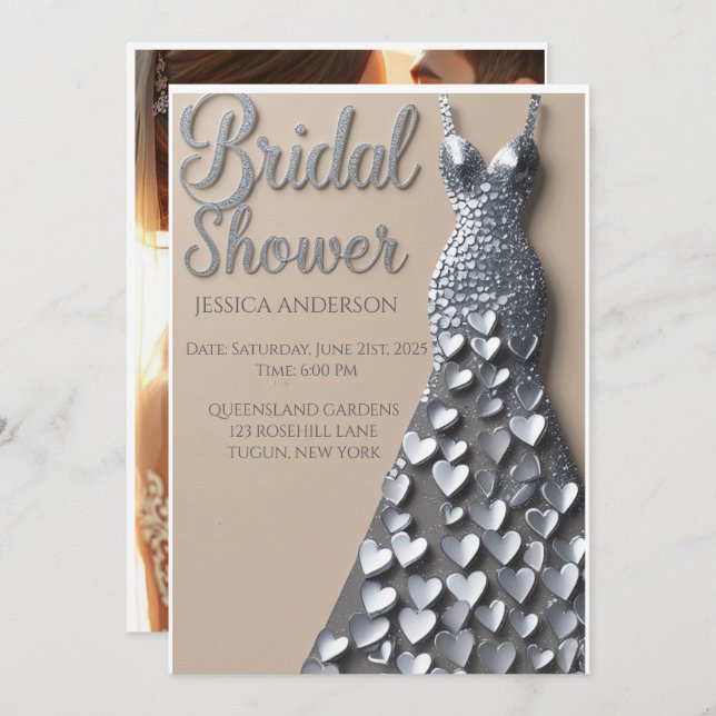 Invitation à la douche nuptiale Coeurs d'argent (Devant / Derrière)