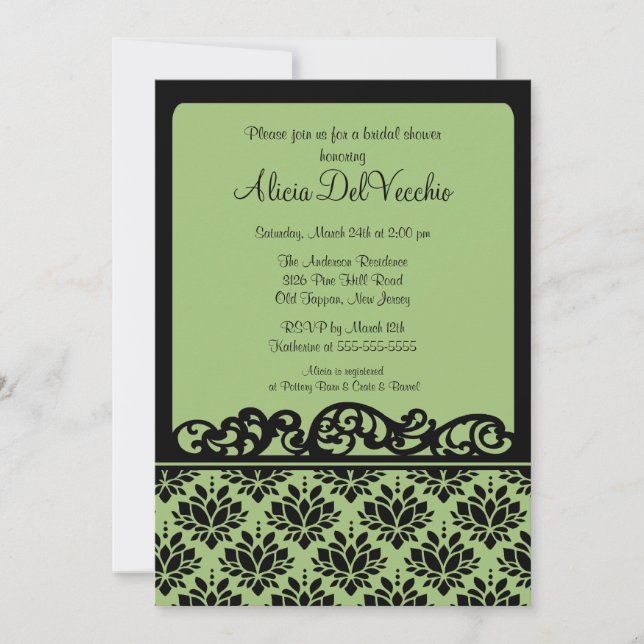 Invitation à la douche nuptiale Damas verte et noi (Devant)
