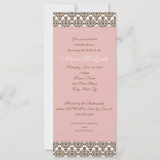 invitation à la douche nuptiale damassé rose (Devant)