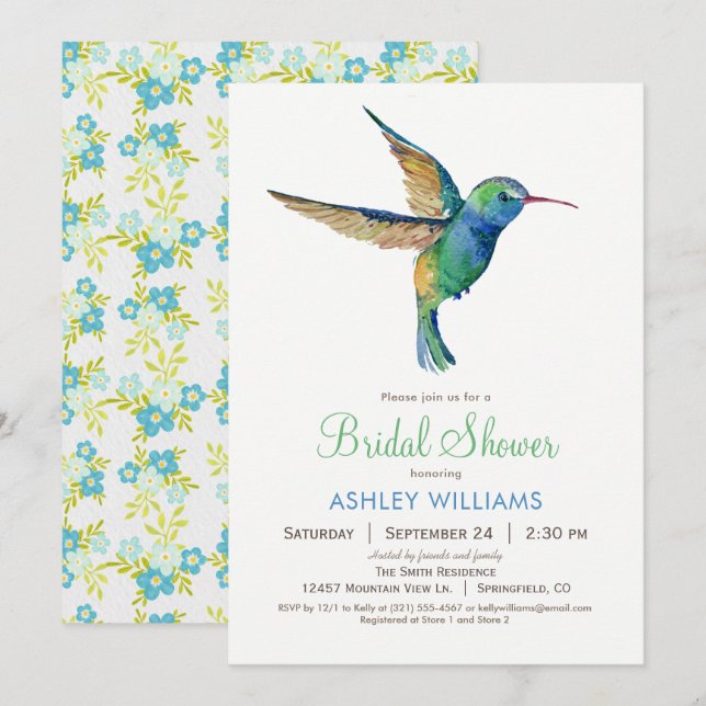 Invitation à la douche nuptiale de colibri (Devant / Derrière)