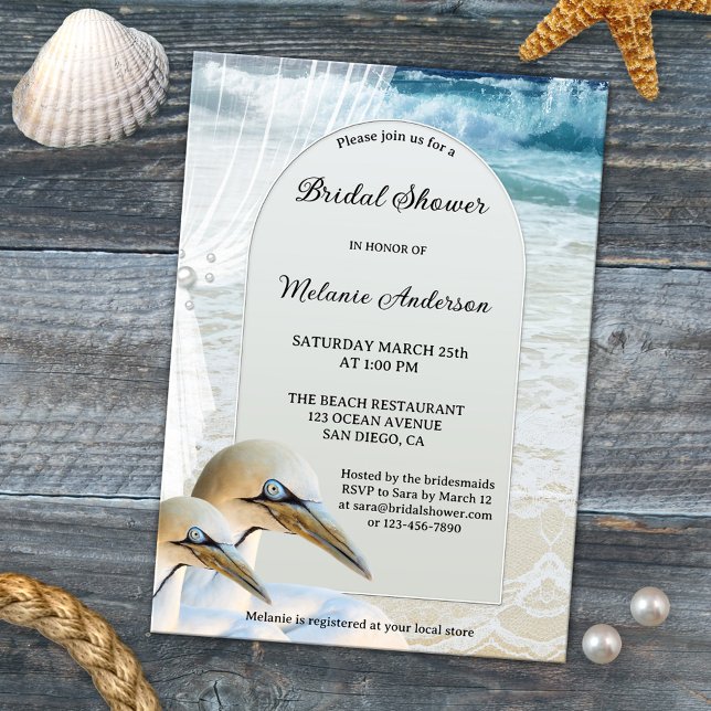Invitation à la douche nuptiale de Gannets Beach (Boho chic bridal shower invitation featuring two gannets on the beach)