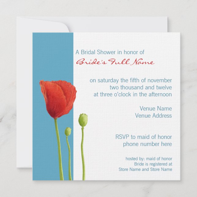 Invitation à la douche nuptiale de Red Poppy aqua (Devant)