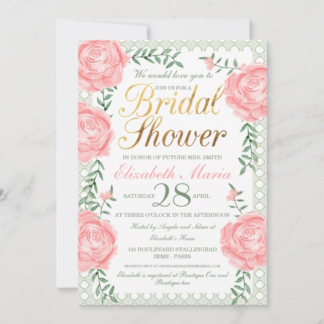Invitation à la douche nuptiale des Roses du jardi (Devant)