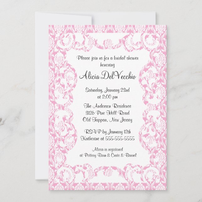 Invitation à la douche nuptiale élégante à Damas r (Devant)