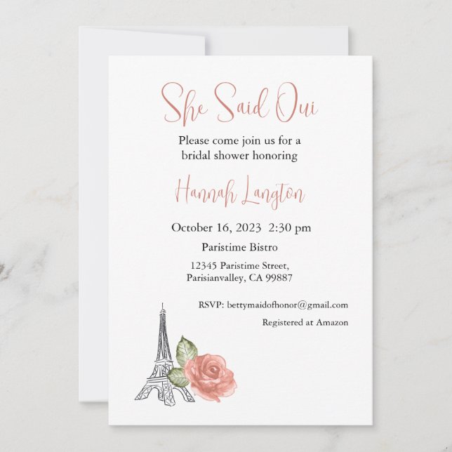 Invitation À La Douche Nuptiale, Elle A Dit Oui Ou (Devant)
