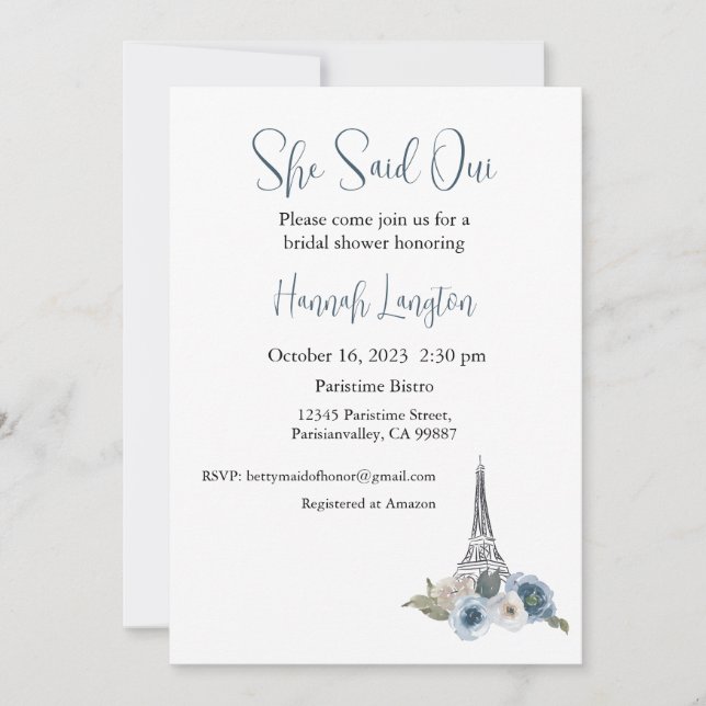 Invitation À La Douche Nuptiale, Elle A Dit Oui Ou (Devant)