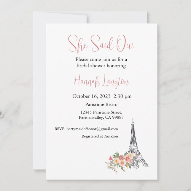 Invitation À La Douche Nuptiale, Elle A Dit Oui Ou (Devant)