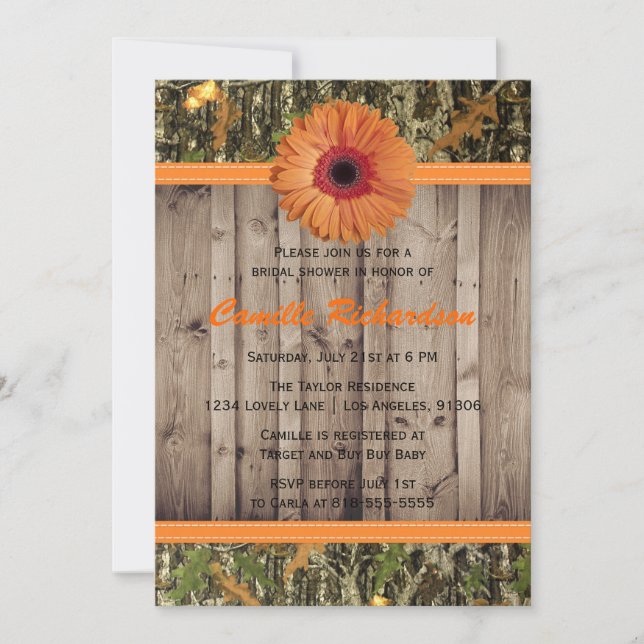 Invitation à la douche nuptiale en bois et orange (Devant)