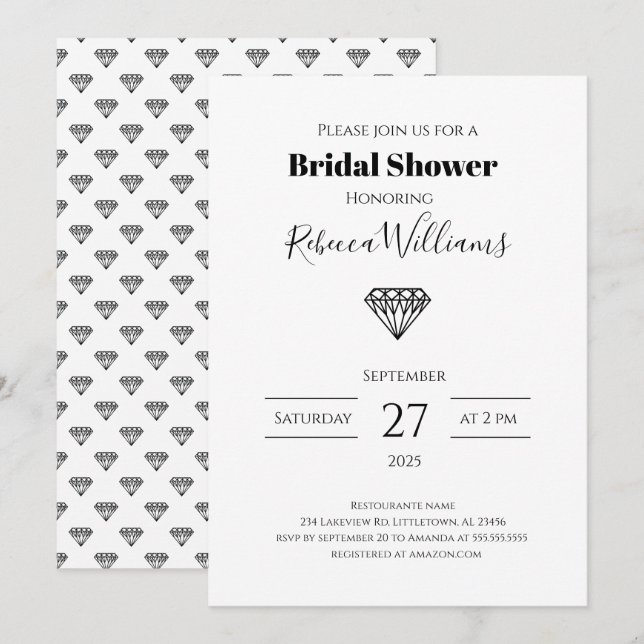 Invitation à la douche nuptiale en diamant noir (Devant / Derrière)