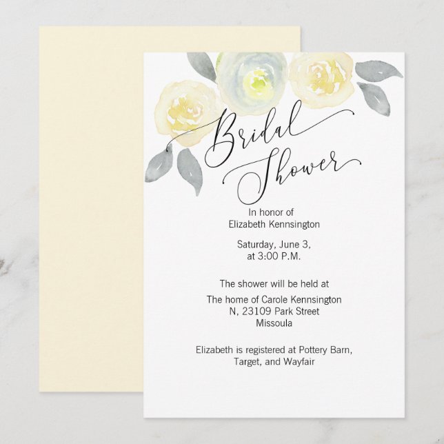 Invitation à la douche nuptiale fleurie jaune et g (Devant / Derrière)
