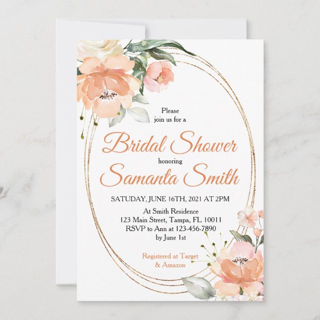 Invitation à la douche nuptiale Fleurs de Pêche (Devant)