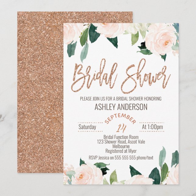 Invitation à la douche nuptiale Floral Rose (Devant / Derrière)