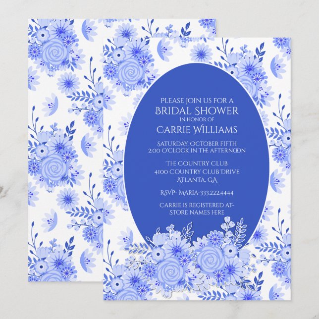 Invitation à la douche nuptiale florale bleu et bl (Devant / Derrière)
