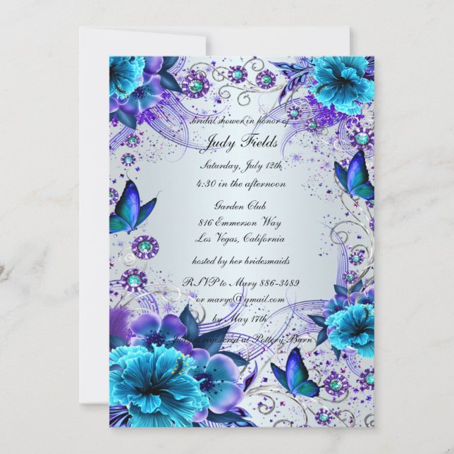 Invitation À La Douche Nuptiale Florale Bleue Et P (Devant)