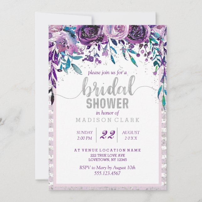 Invitation à la douche nuptiale florale et argenté (Devant)