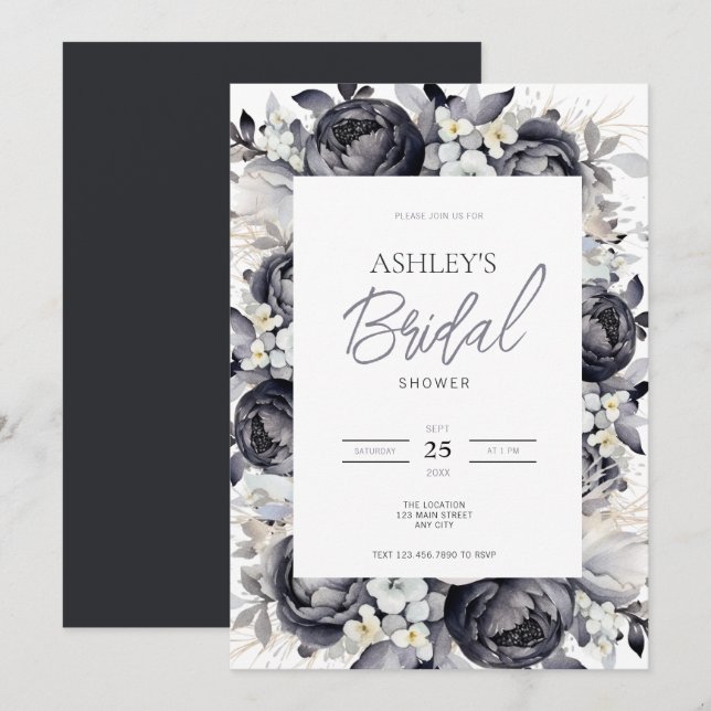 Invitation à la douche nuptiale Florale noire (Devant / Derrière)