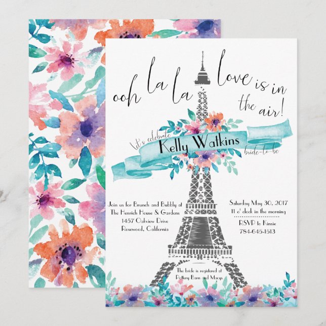 Invitation à la douche nuptiale florale - Paris (Devant / Derrière)