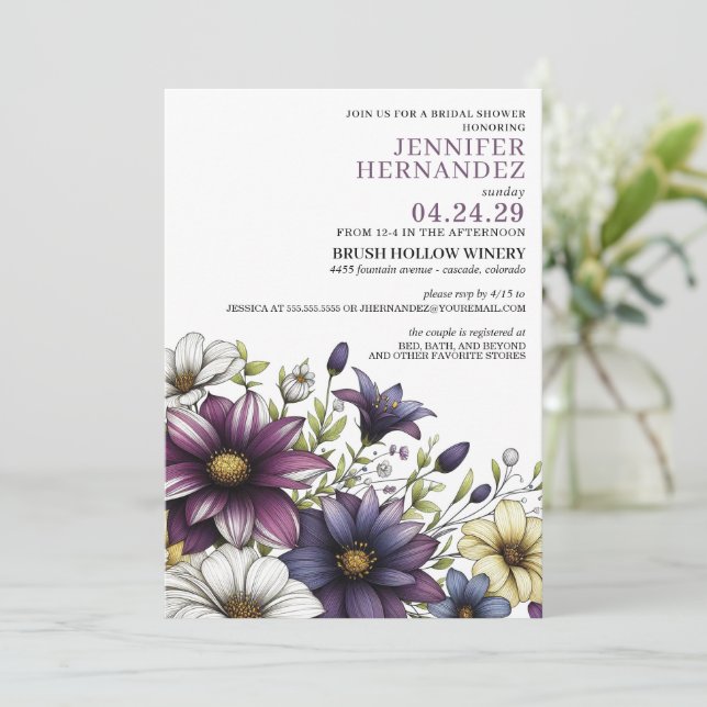 Invitation à la douche nuptiale florale violette (Debout devant)