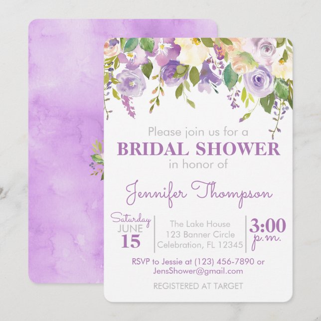 Invitation à la douche nuptiale florale violette (Devant / Derrière)