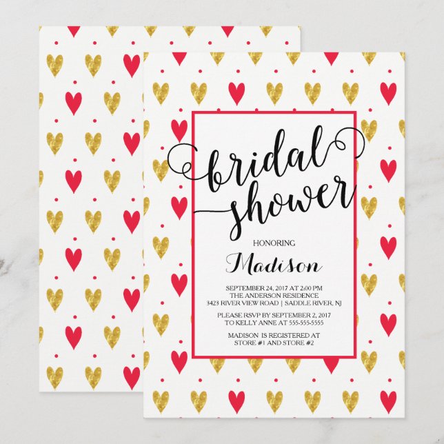 Invitation à la douche nuptiale Gold Red Hearts (Devant / Derrière)