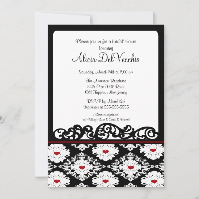 Invitation à la douche nuptiale Hearts Damask (Devant)