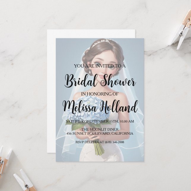 invitation à la douche nuptiale hydrangée bleu pou (Devant/Arrière en situation)