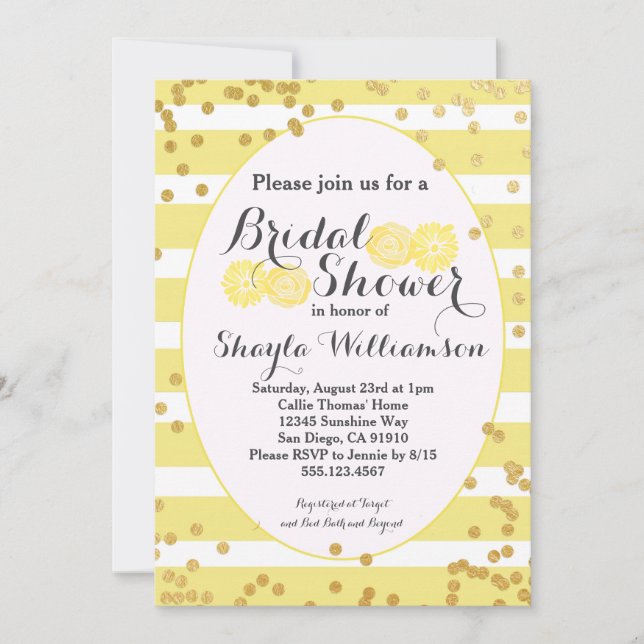 Invitation à la douche nuptiale jaune et or brilla (Devant)