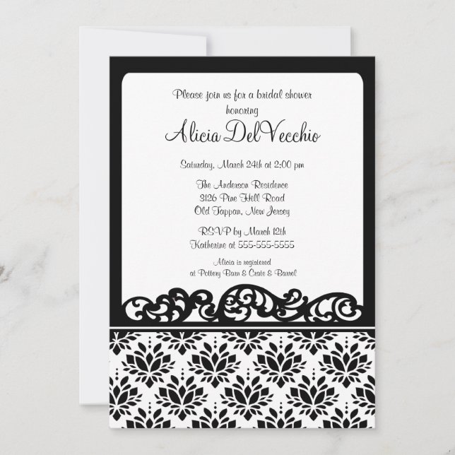 Invitation à la douche nuptiale noire et blanche (Devant)