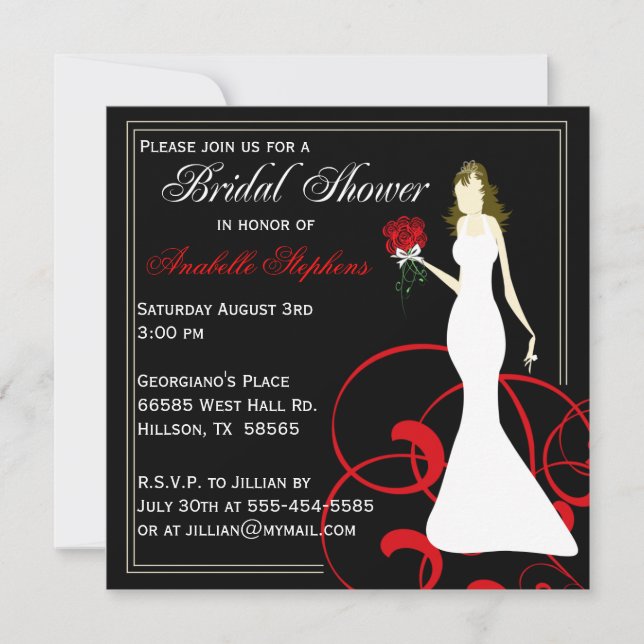 Invitation à la douche nuptiale noire et rouge (Devant)